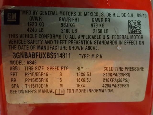 3GNBABFUXBS514811 - 2011 CHEVROLET HHR LT RED photo 10