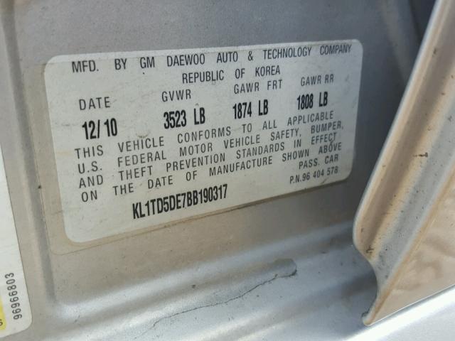 KL1TD5DE7BB190317 - 2011 CHEVROLET AVEO LS SILVER photo 10