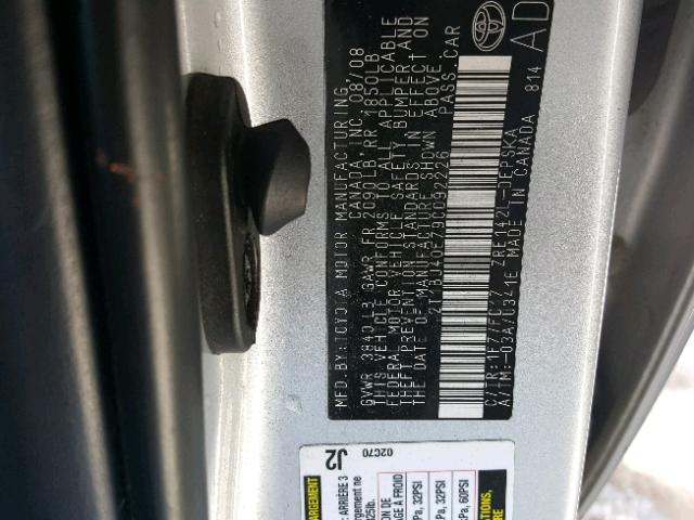 2T1BU40E79C092226 - 2009 TOYOTA COROLLA BA SILVER photo 10