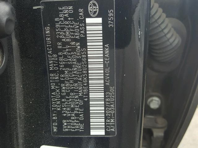 4T1BE46K58U256855 - 2008 TOYOTA CAMRY CE BLACK photo 10