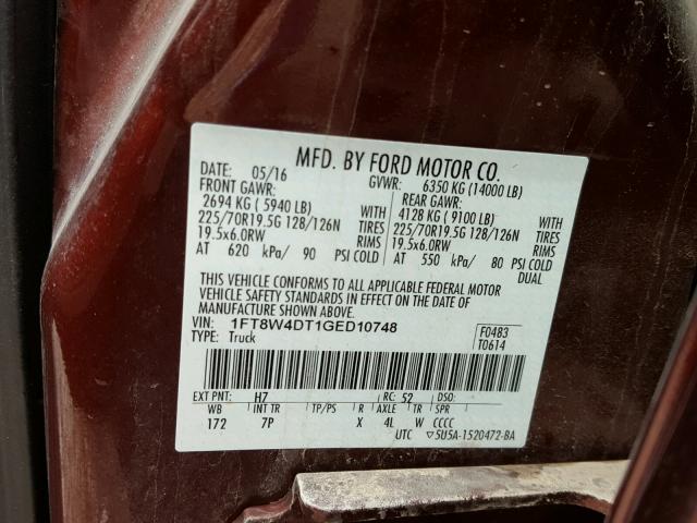 1FT8W4DT1GED10748 - 2016 FORD F450 SUPER BURGUNDY photo 10