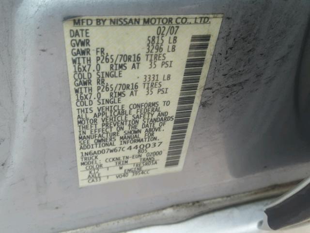 1N6AD07W67C440037 - 2007 NISSAN FRONTIER C GRAY photo 10