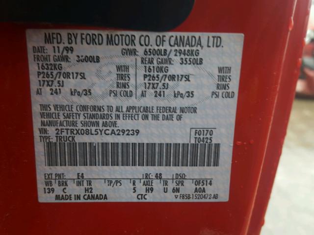 2FTRX08L5YCA29239 - 2000 FORD F150 RED photo 10