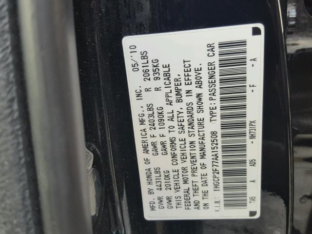 1HGCP2F77AA152508 - 2010 HONDA ACCORD EX BLACK photo 10