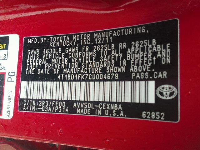 4T1BD1FK7CU004678 - 2012 TOYOTA CAMRY HYBR RED photo 10