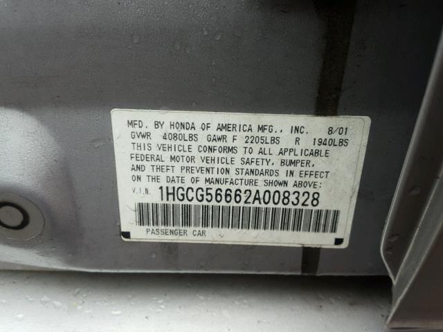 1HGCG56662A008328 - 2002 HONDA ACCORD EX SILVER photo 10