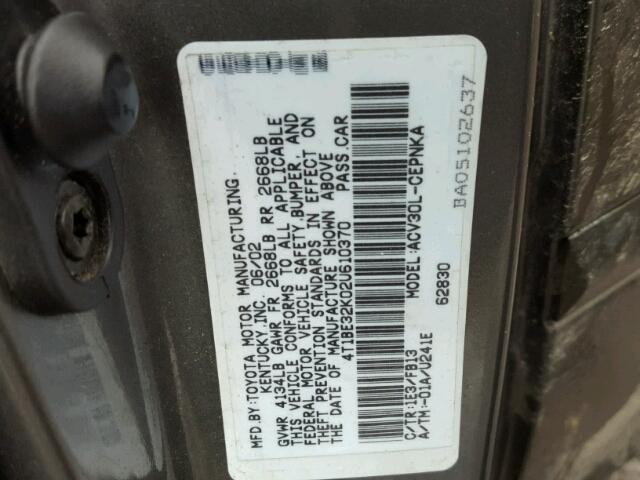 4T1BE32K02U610370 - 2002 TOYOTA CAMRY LE GRAY photo 10