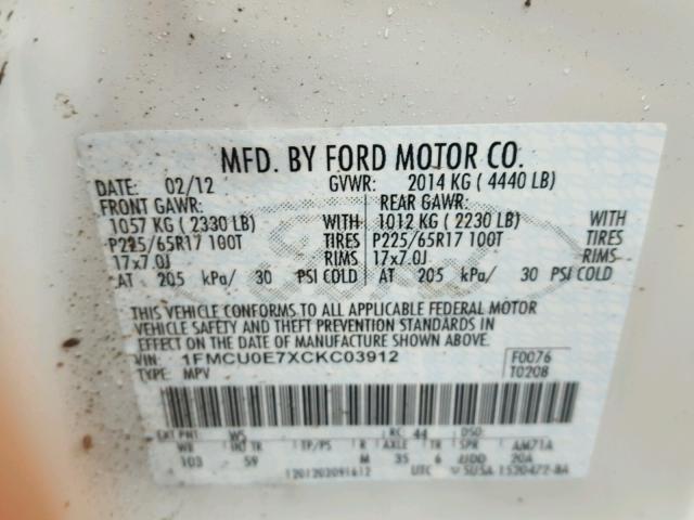 1FMCU0E7XCKC03912 - 2012 FORD ESCAPE LIM WHITE photo 10