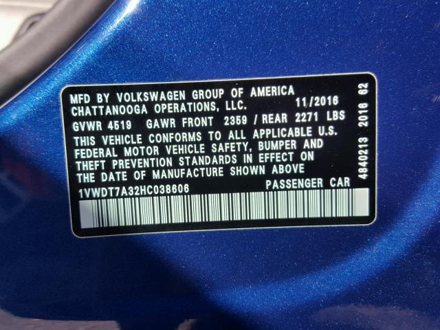 1VWDT7A32HC038606 - 2017 VOLKSWAGEN PASSAT R-L BLUE photo 10