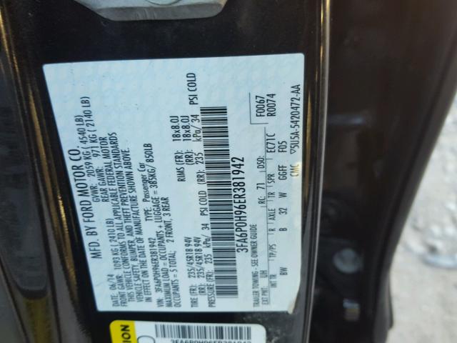 3FA6P0H96ER381942 - 2014 FORD FUSION SE BLACK photo 10