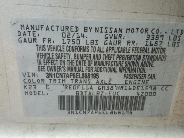 3N1CN7AP6EL868195 - 2014 NISSAN VERSA S SILVER photo 10