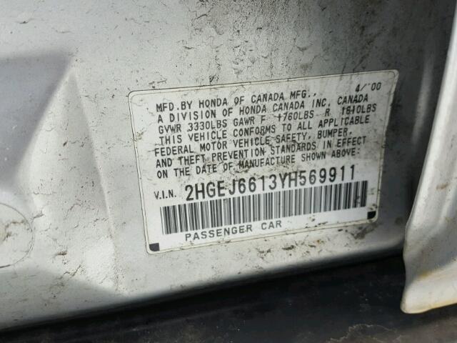 2HGEJ6613YH569911 - 2000 HONDA CIVIC BASE 银色 照片 10