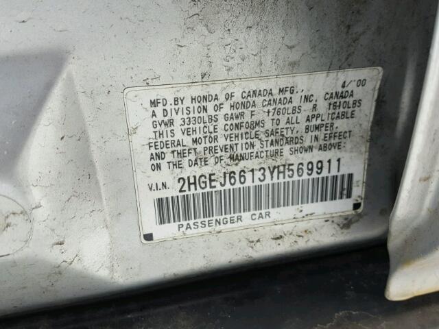 2HGEJ6613YH569911 - 2000 HONDA CIVIC BASE SILVER photo 10