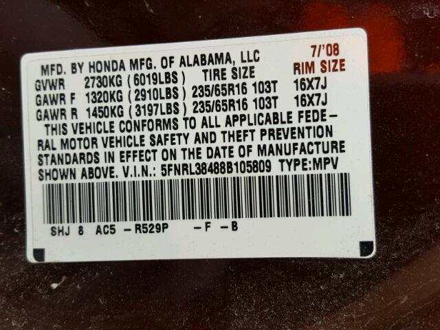 5FNRL38488B105809 - 2008 HONDA ODYSSEY EX MAROON photo 10