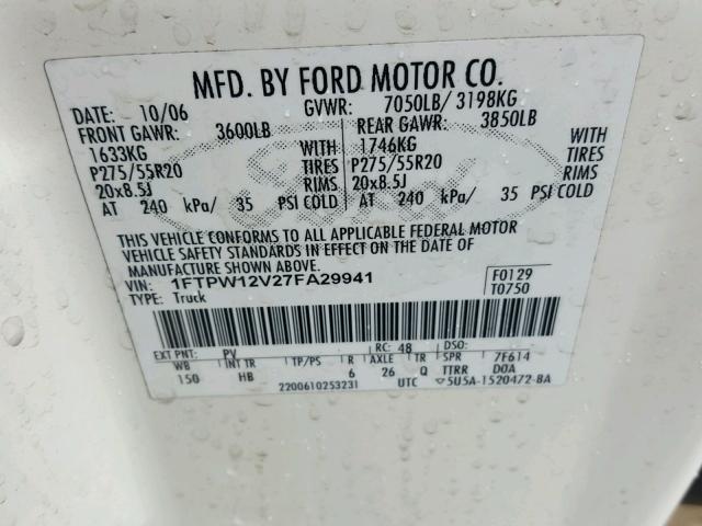 1FTPW12V27FA29941 - 2007 FORD F150 SUPER WHITE photo 10