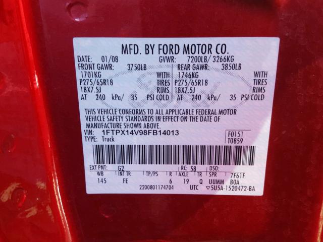 1FTPX14V98FB14013 - 2008 FORD F150 RED photo 10