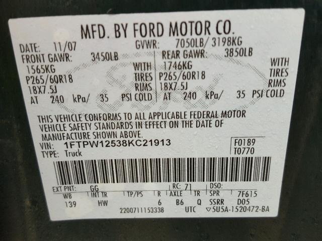 1FTPW12538KC21913 - 2008 FORD F150 SUPER GREEN photo 10