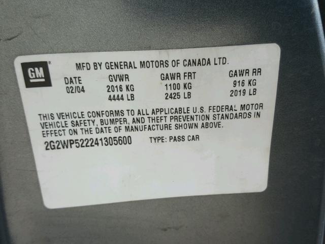 2G2WP522241305600 - 2004 PONTIAC GRAND PRIX GRAY photo 10