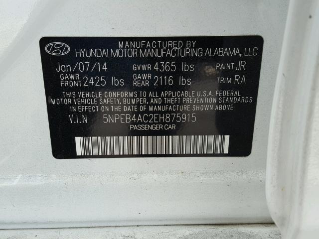 5NPEB4AC2EH875915 - 2014 HYUNDAI SONATA GLS WHITE photo 10