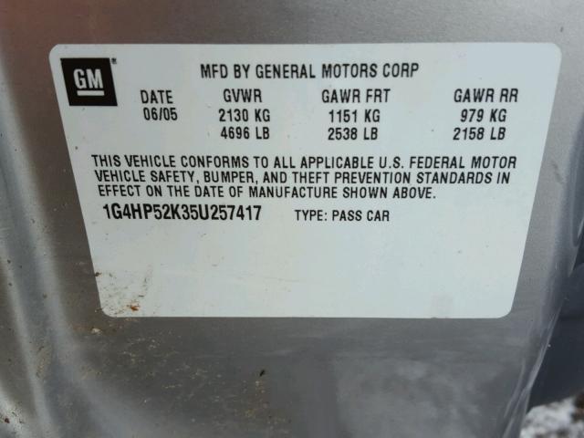 1G4HP52K35U257417 - 2005 BUICK LESABRE CU SILVER photo 10