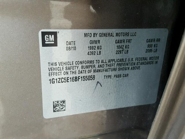 1G1ZC5E16BF155058 - 2011 CHEVROLET MALIBU 1LT 灰色 照片 10