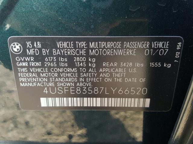 4USFE83587LY66520 - 2007 BMW X5 4.8I GREEN photo 10