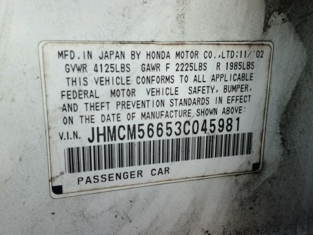 JHMCM56653C045981 - 2003 HONDA ACCORD EX WHITE photo 10