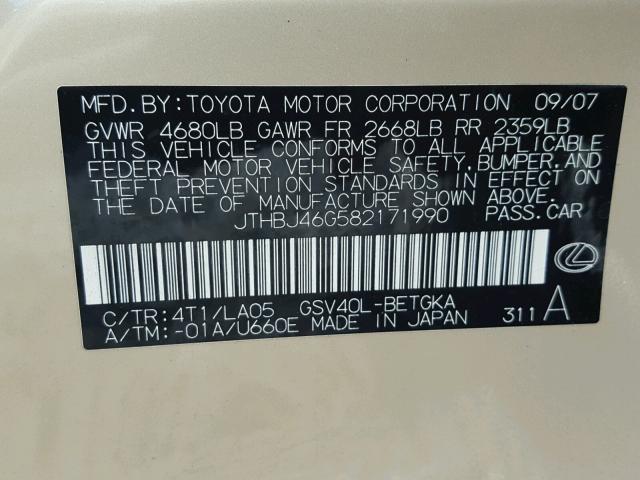 JTHBJ46G582171990 - 2008 LEXUS ES 350 GOLD photo 10