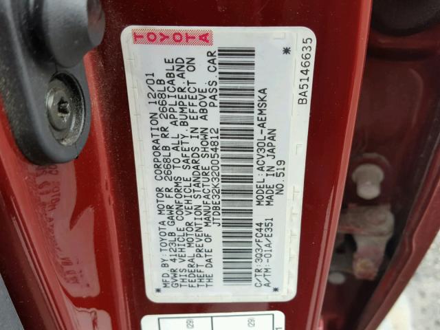 JTDBE32K320054812 - 2002 TOYOTA CAMRY LE RED photo 10