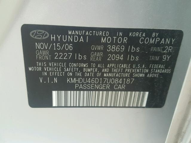 KMHDU46D17U084187 - 2007 HYUNDAI ELANTRA GL SILVER photo 10