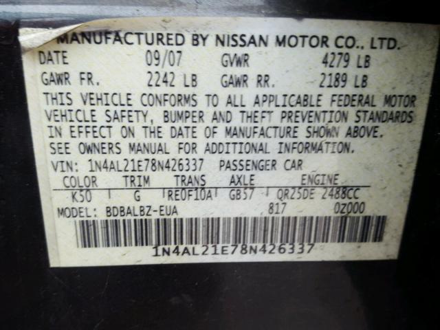 1N4AL21E78N426337 - 2008 NISSAN ALTIMA 2.5 GRAY photo 10