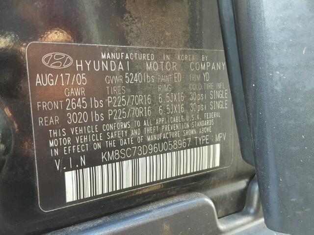 KM8SC73D96U058967 - 2006 HYUNDAI SANTA FE G BLACK photo 10