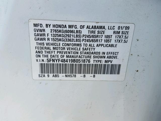 5FNYF48419B051876 - 2009 HONDA PILOT EX WHITE photo 10