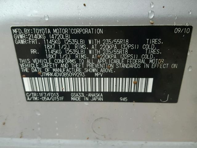 JTMRK4DV0B5099293 - 2011 TOYOTA RAV4 SPORT SILVER photo 10