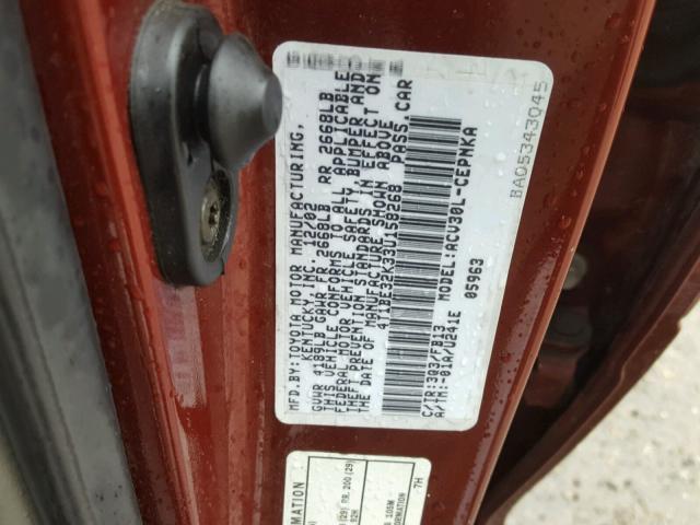 4T1BE32K33U158268 - 2003 TOYOTA CAMRY LE RED photo 10