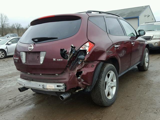 JN8AZ08W25W406003 - 2005 NISSAN MURANO SL MAROON photo 4