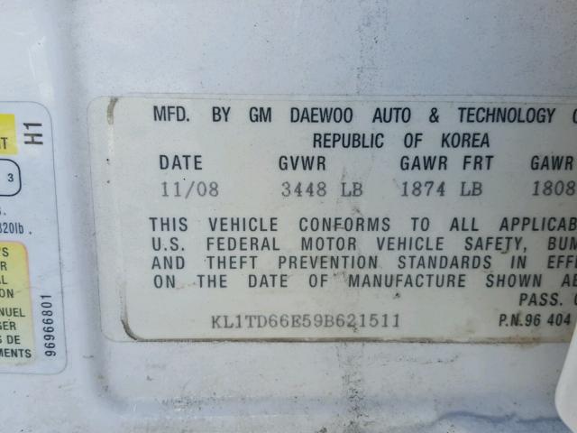 KL1TD66E59B621511 - 2009 CHEVROLET AVEO LS WHITE photo 10