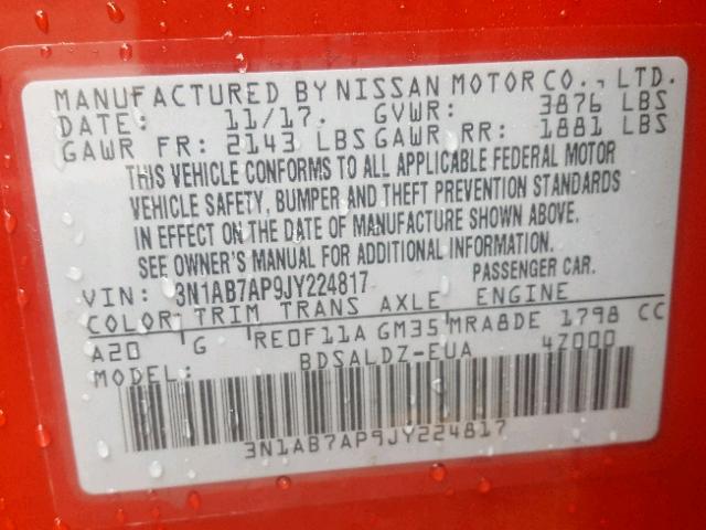 3N1AB7AP9JY224817 - 2018 NISSAN SENTRA S RED photo 10