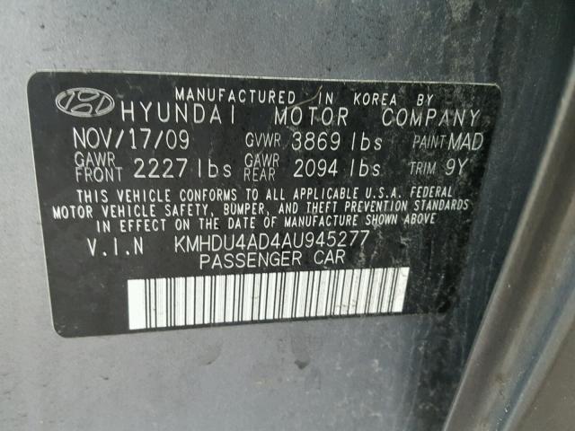 KMHDU4AD4AU945277 - 2010 HYUNDAI ELANTRA BL GRAY photo 10