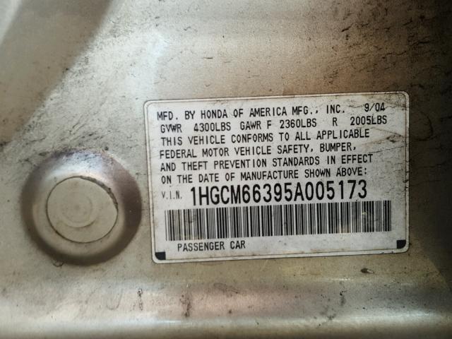 1HGCM66395A005173 - 2005 HONDA ACCORD LX GOLD photo 10