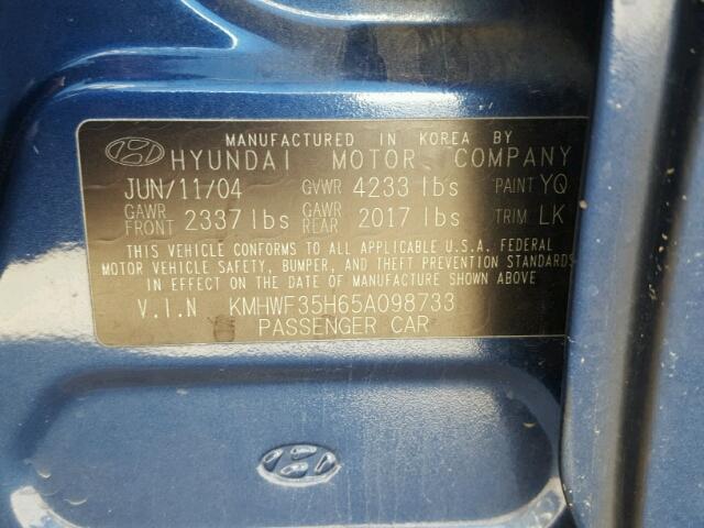 KMHWF35H65A098733 - 2005 HYUNDAI SONATA GLS BLUE photo 10