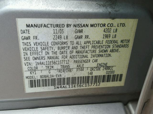 1N4AL11E56C157712 - 2006 NISSAN ALTIMA S SILVER photo 10