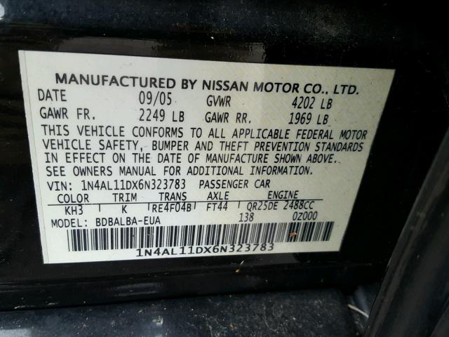 1N4AL11DX6N323783 - 2006 NISSAN ALTIMA S BLACK photo 10