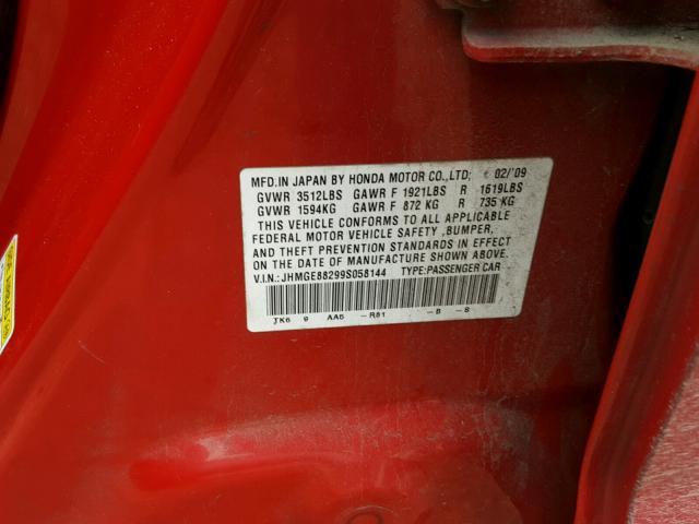 JHMGE88299S058144 - 2009 HONDA FIT RED photo 10