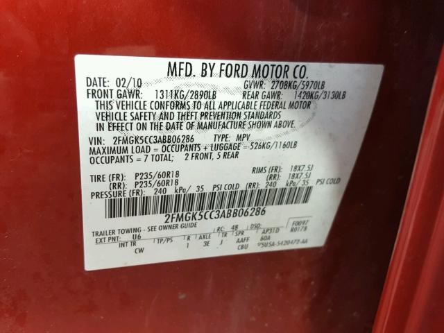 2FMGK5CC3ABB06286 - 2010 FORD FLEX SEL RED photo 10