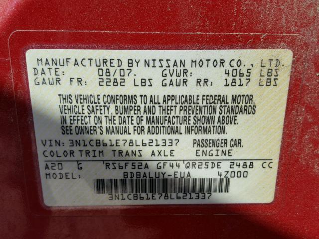 3N1CB61E78L621337 - 2008 NISSAN SENTRA SE- RED photo 10