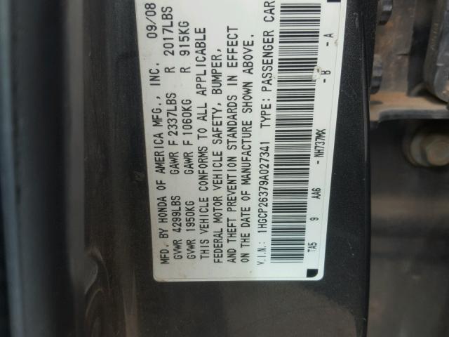 1HGCP26379A027341 - 2009 HONDA ACCORD LX CHARCOAL photo 10