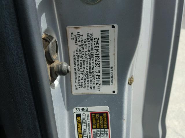 2HGFG12878H549542 - 2008 HONDA CIVIC EX ვერცხლისფერი ფოტო 10