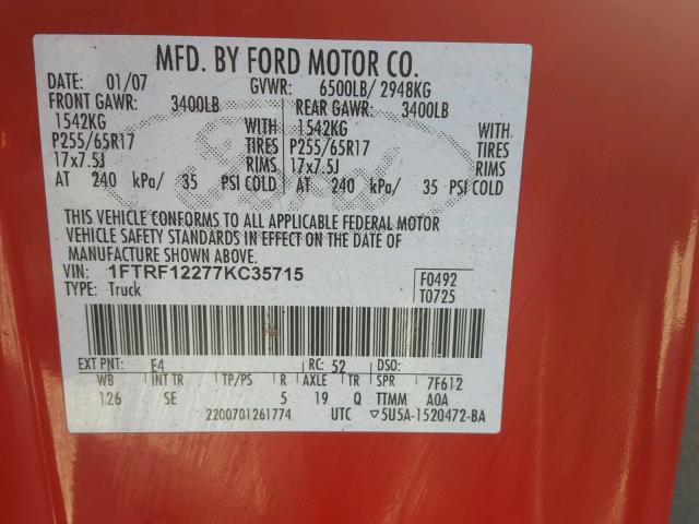 1FTRF12277KC35715 - 2007 FORD F150 RED photo 10