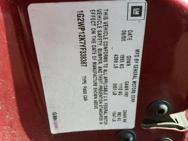 1G2WP12K7YF338387 - 2000 PONTIAC GRAND PRIX წითელი ფოტო 10